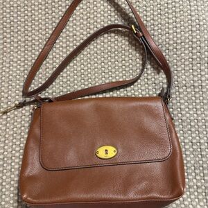 Fossil Brown Pebbled Leather Crossbody with Gold Hardware